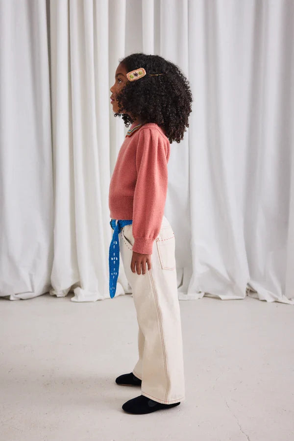 Rosewood Merino Wool Puff Sleeve Chevron Collar Cropped Sweater