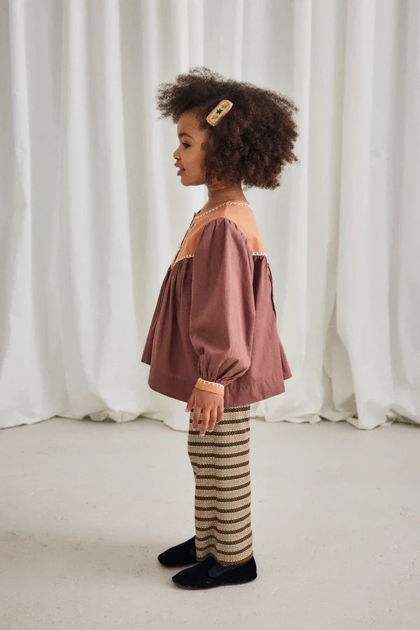 Mousse Cotton Poplin Gathered Yoke Balloon Sleeve Embroidered Top