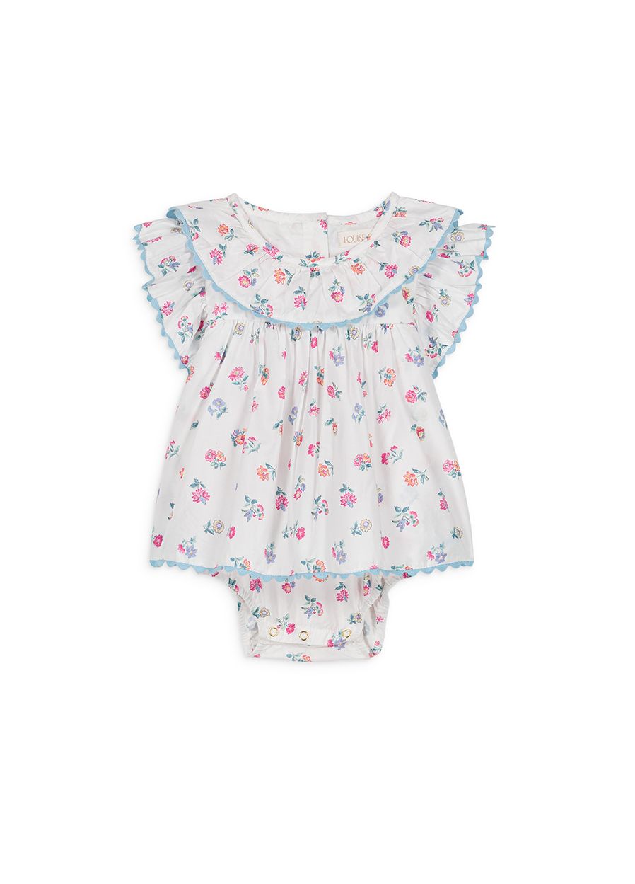 White Floral Cotton Poplin Ruffled Collar Rickrack Romper