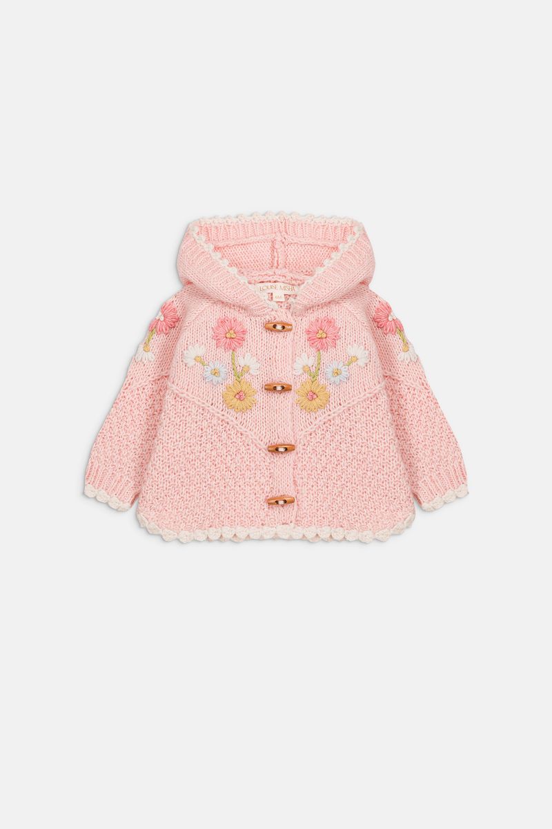 Blush Knit Cape with Hood and Pompom Detail