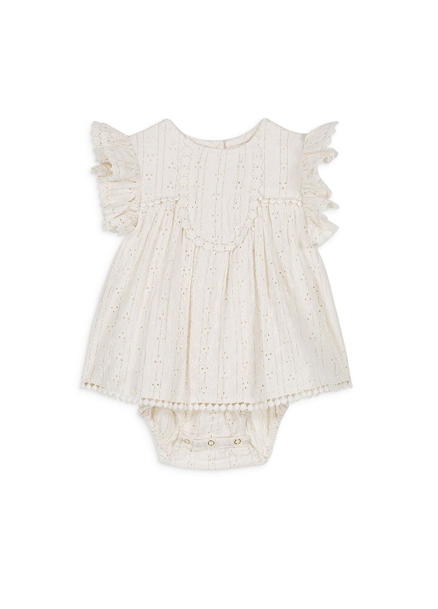 Cream Eyelet Embroidery Voile Lurex Stripe Dress Romper