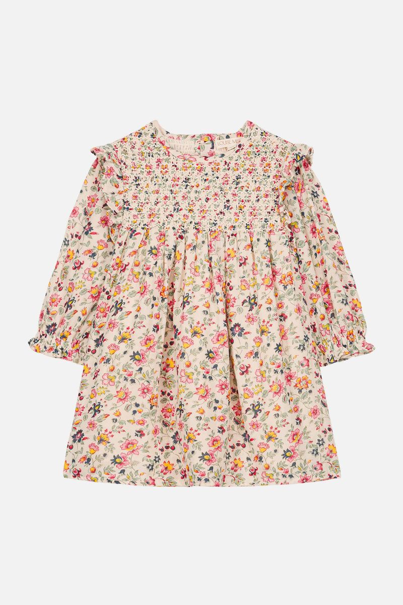 Cream Wild Flowers Double Gauze Smocked Ruffle Long Sleeve Dress