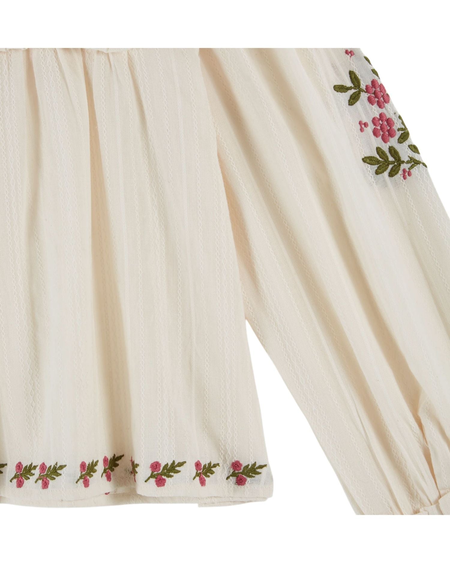Creme Long Sleeve Scallop Neck Hand Embroidered Flower Blouse