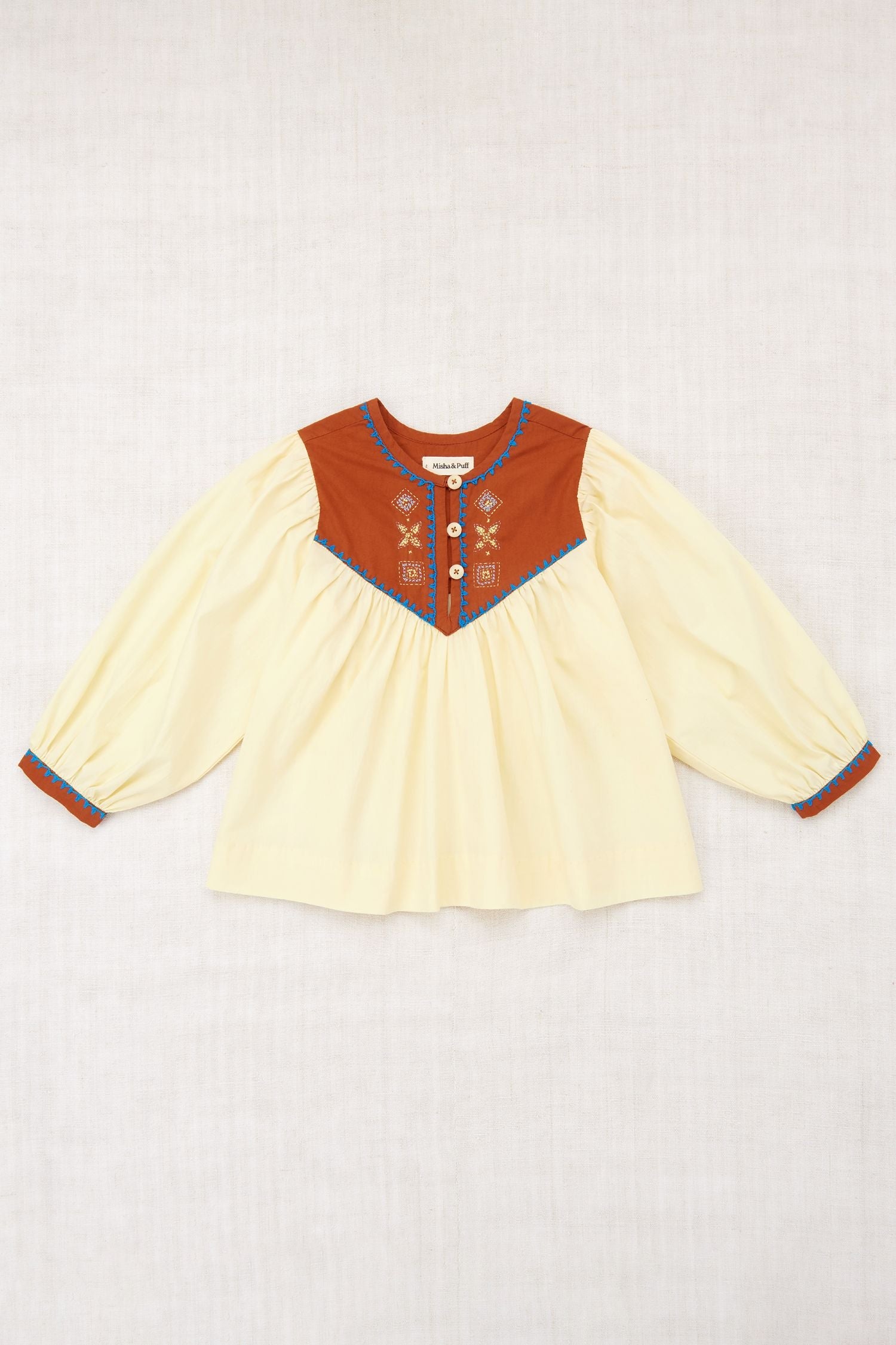 Raffia Cotton Poplin Gathered Yoke Balloon Sleeve Embroidered Top