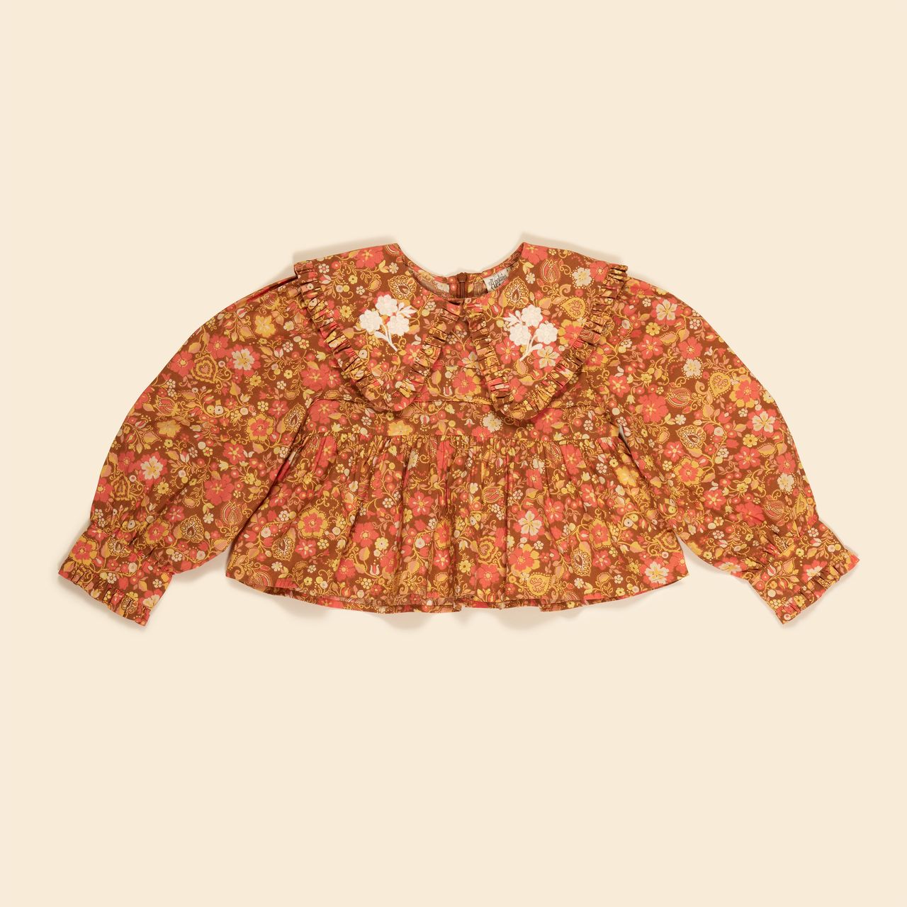 Autumn Harvest Floral Puff Sleeve Pintuck Frilled Collar Blouse