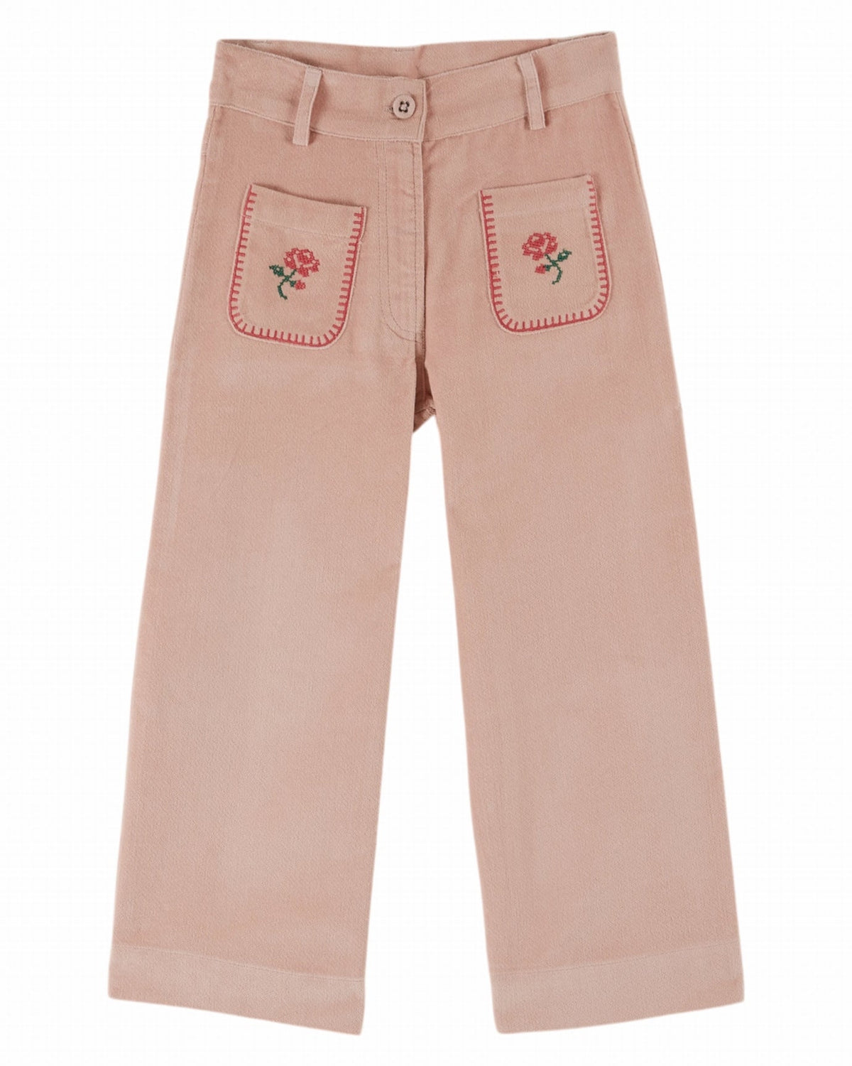 Peony Velour Straight Leg Pants with Embroidered Flower Pockets