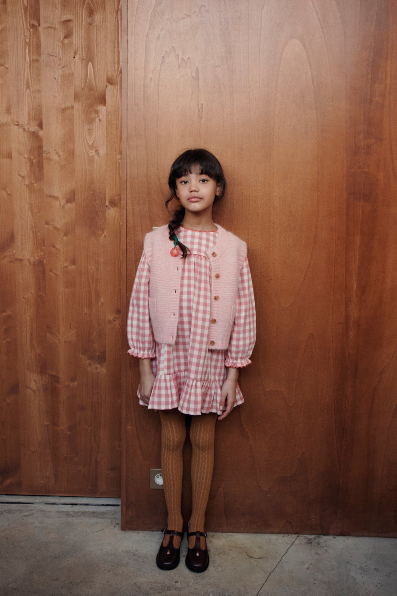 Gingham Vichy Gauze Dress with Embroidered Frills and Crochet Trim