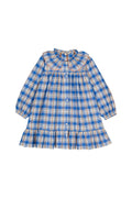 Blue Check Embroidered Shirt Dress with Smocked Collar and Ruffles