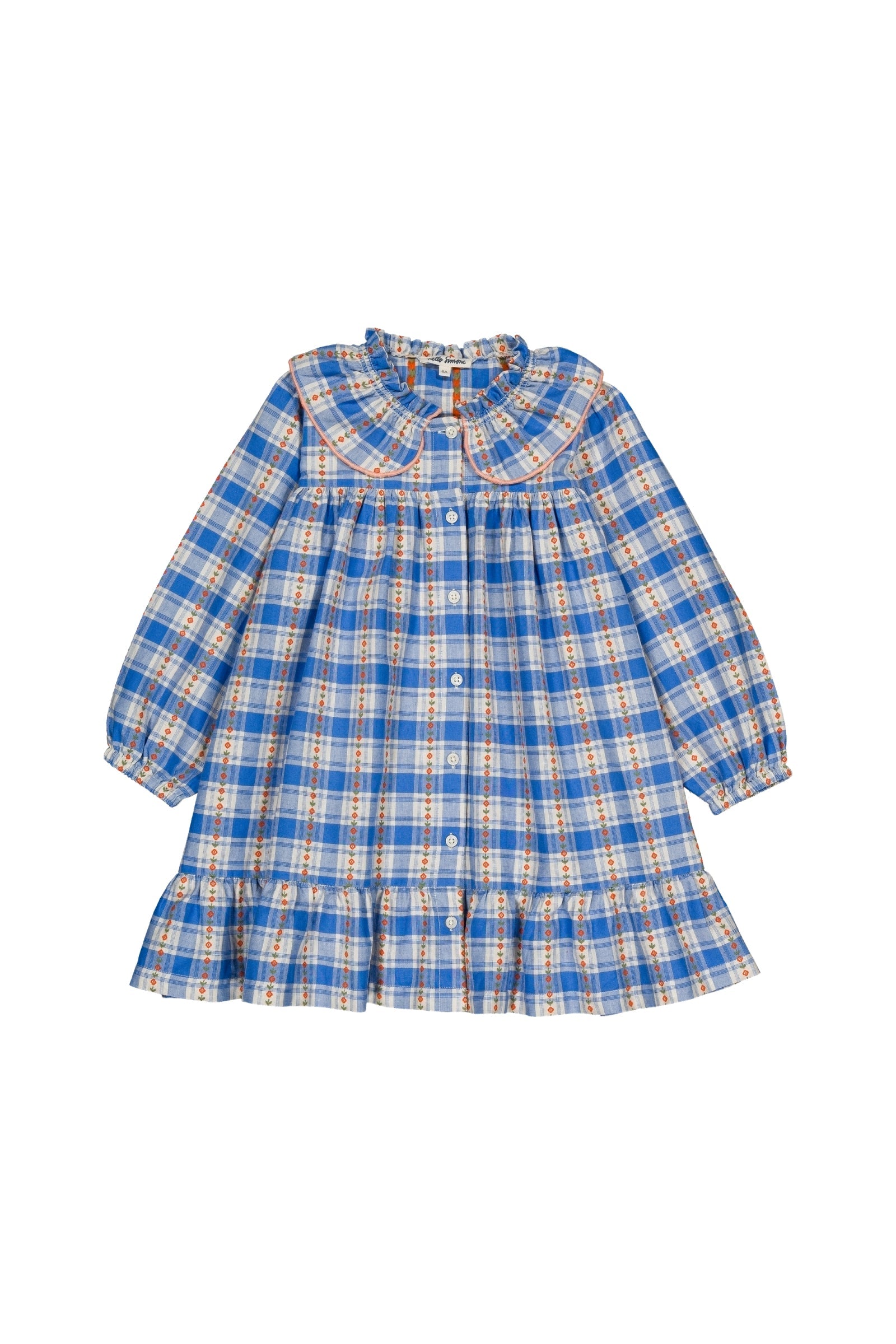 Blue Check Embroidered Shirt Dress with Smocked Collar and Ruffles
