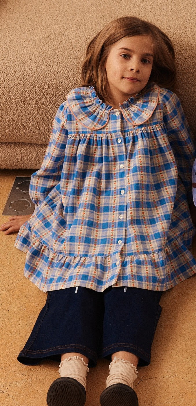Blue Check Embroidered Shirt Dress with Smocked Collar and Ruffles