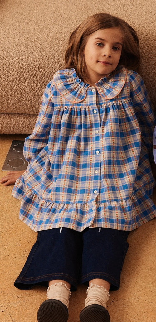 Blue Check Embroidered Shirt Dress with Smocked Collar and Ruffles