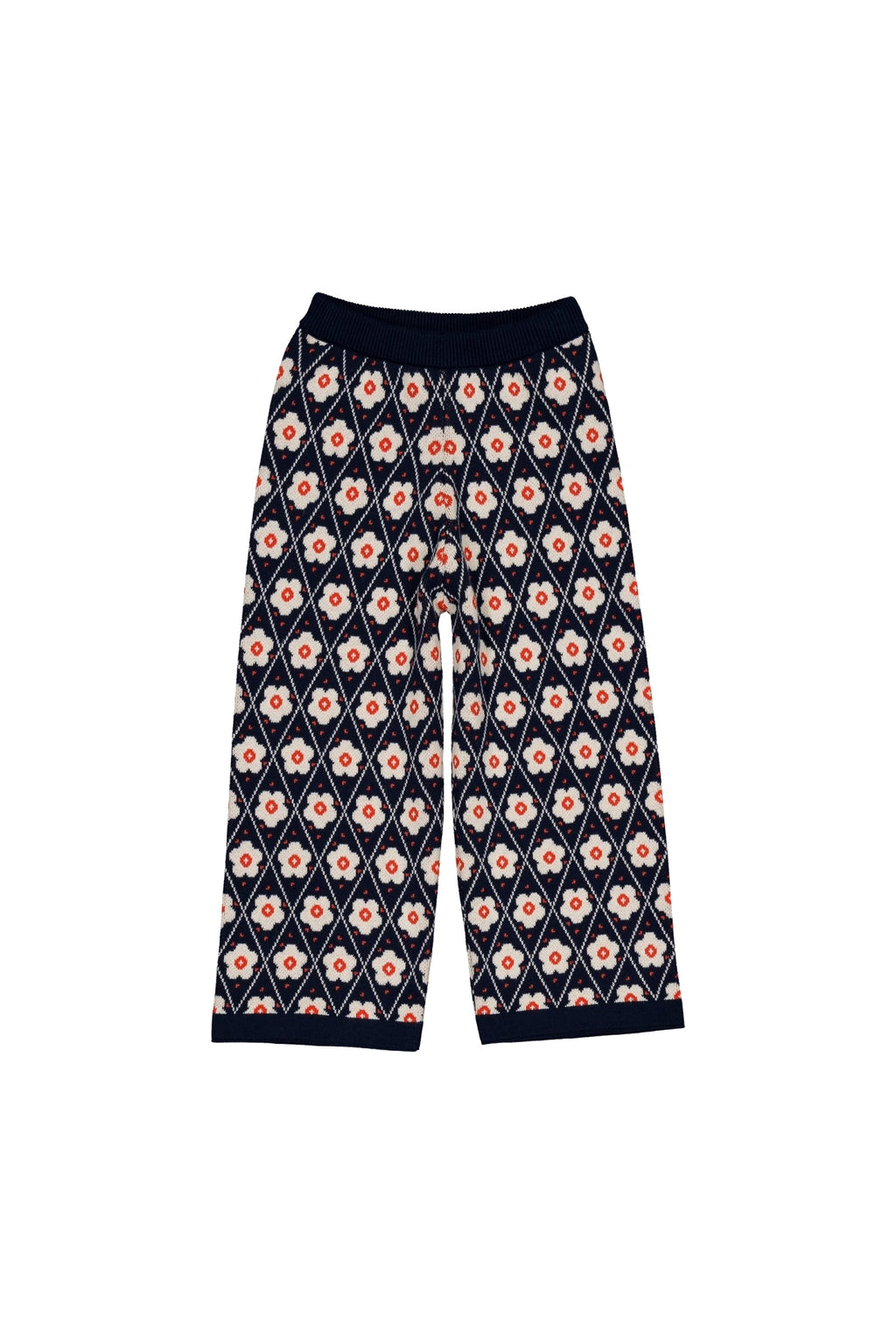 Navy Floral Jacquard Straight Leg Elastic Waist Knit Pants