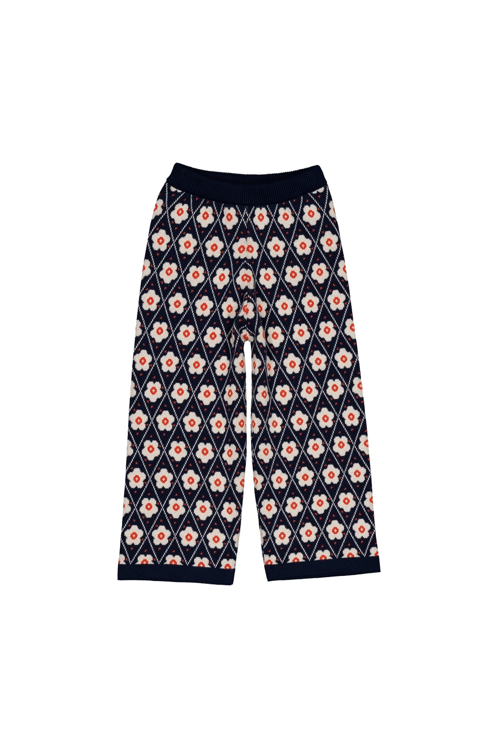 Navy Floral Jacquard Straight Leg Elastic Waist Knit Pants
