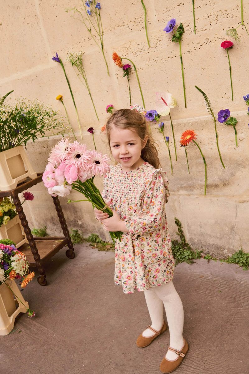 Cream Wild Flowers Double Gauze Smocked Ruffle Long Sleeve Dress
