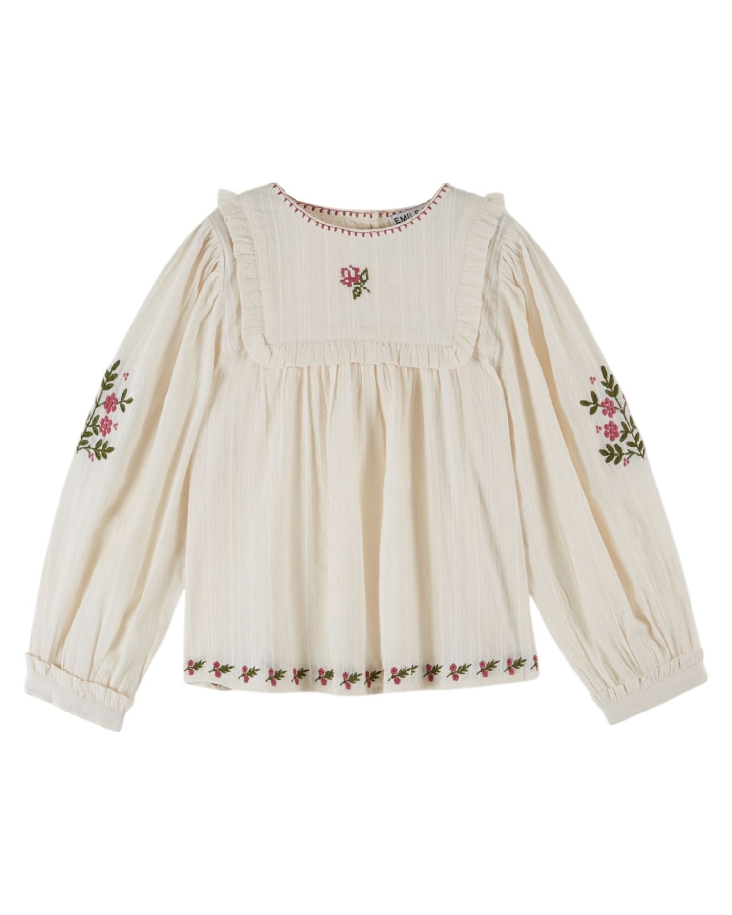 Creme Long Sleeve Scallop Neck Hand Embroidered Flower Blouse