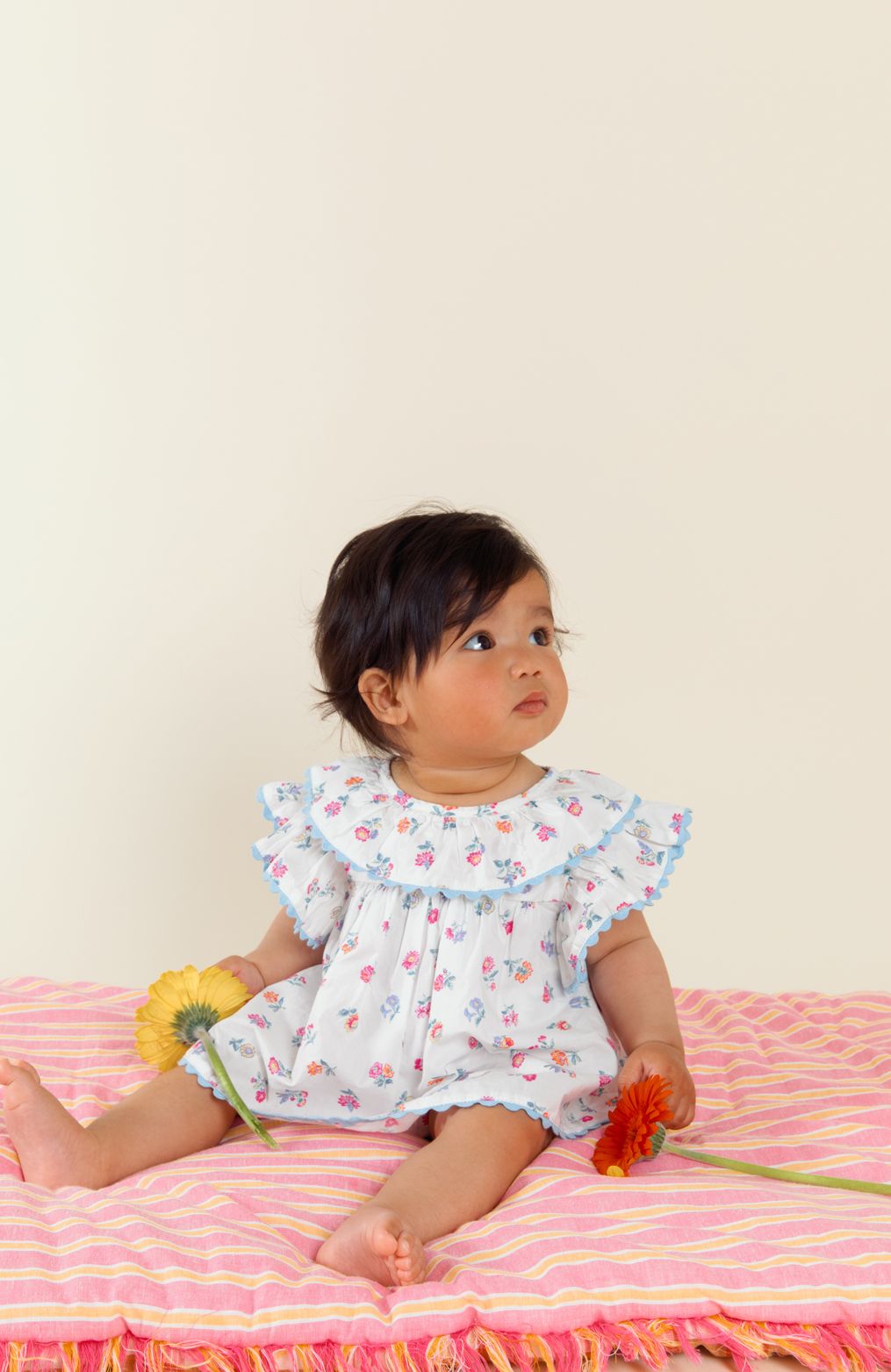 White Floral Cotton Poplin Ruffled Collar Rickrack Romper