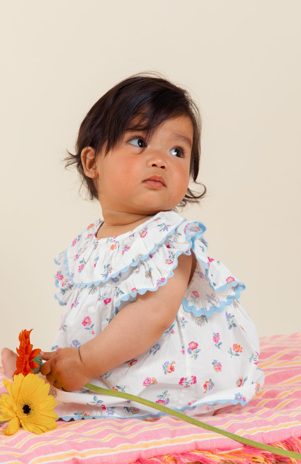White Floral Cotton Poplin Ruffled Collar Rickrack Romper