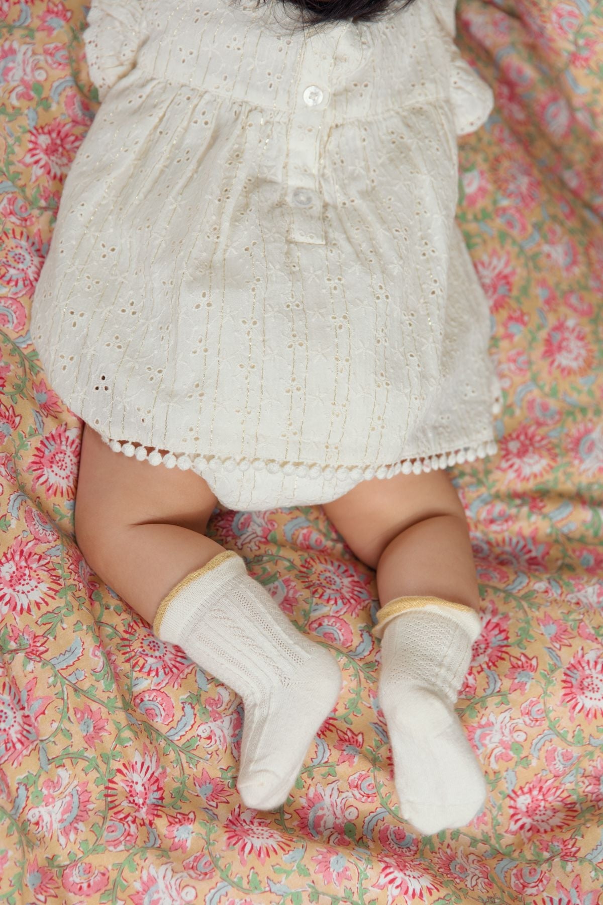 Cream Eyelet Embroidery Voile Lurex Stripe Dress Romper
